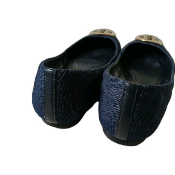 Tory Burch Womens 8 Quilted Denim Ballet Flats Navy Gold Logo Ballerina Preppy - Picture 4 of 6